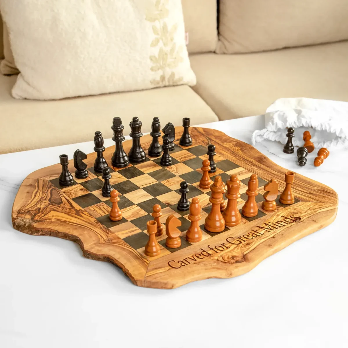 Chess Set With Wavy-Edged Board And Rustic Legs - Image 1